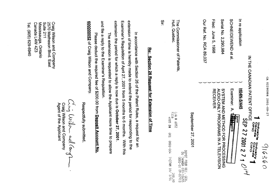 Document de brevet canadien 2290984. Correspondance 20001227. Image 1 de 1