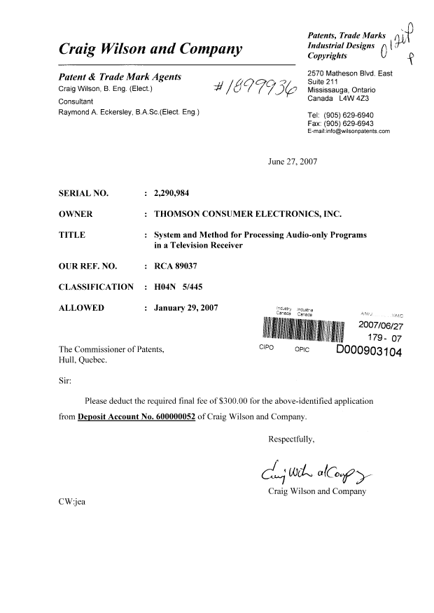Canadian Patent Document 2290984. Correspondence 20061227. Image 1 of 1
