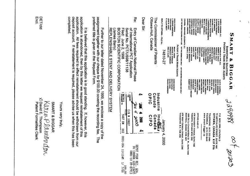 Canadian Patent Document 2290988. Assignment 20000104. Image 1 of 6