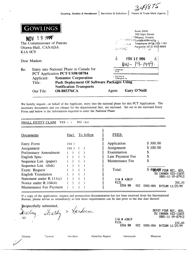 Document de brevet canadien 2291179. Cession 19991119. Image 1 de 7