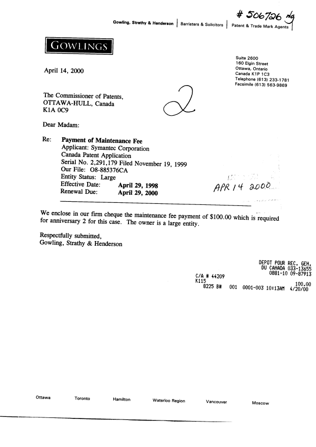 Document de brevet canadien 2291179. Taxes 20000414. Image 1 de 1