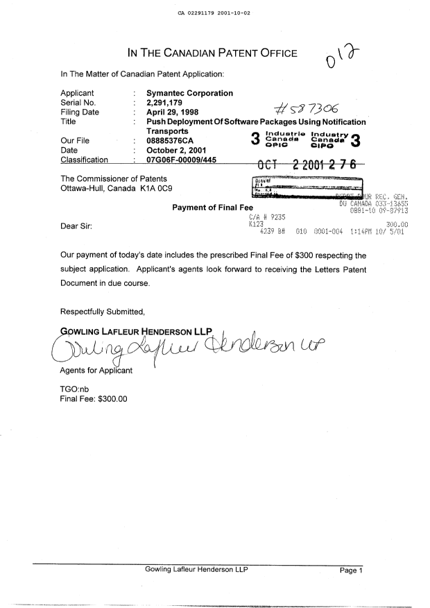 Document de brevet canadien 2291179. Correspondance 20011002. Image 1 de 1