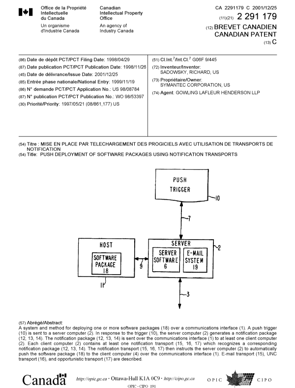 Document de brevet canadien 2291179. Page couverture 20011127. Image 1 de 1