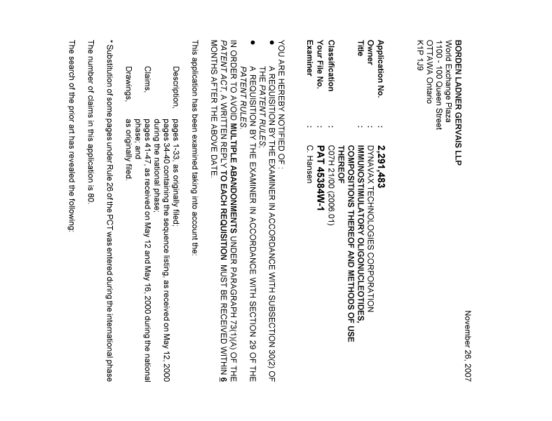 Canadian Patent Document 2291483. Prosecution-Amendment 20071126. Image 1 of 6