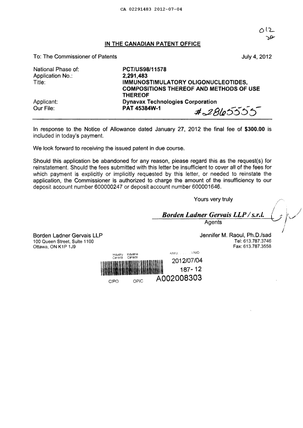 Document de brevet canadien 2291483. Correspondance 20120704. Image 1 de 1