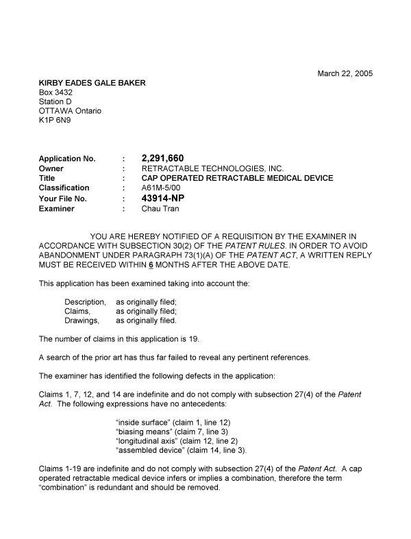 Document de brevet canadien 2291660. Poursuite-Amendment 20050322. Image 1 de 2