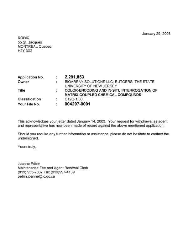 Canadian Patent Document 2291853. Correspondence 20030129. Image 1 of 1