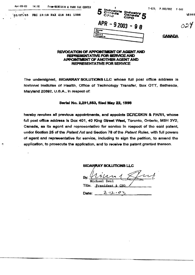 Canadian Patent Document 2291853. Correspondence 20030409. Image 1 of 2