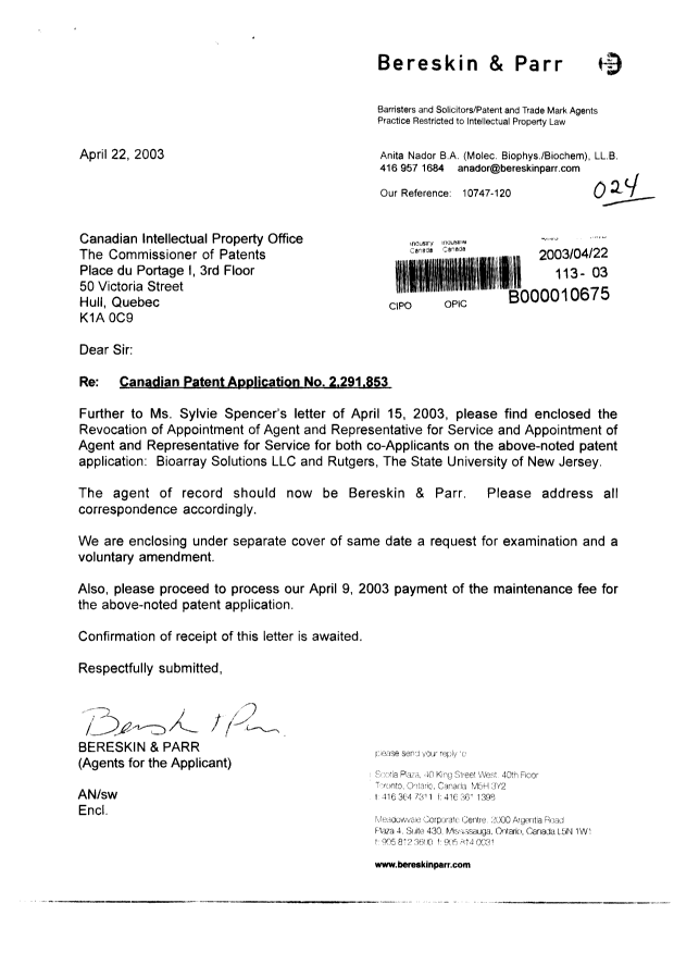 Canadian Patent Document 2291853. Correspondence 20030422. Image 1 of 3