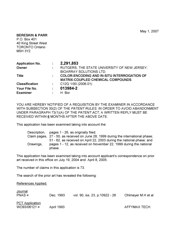 Canadian Patent Document 2291853. Prosecution-Amendment 20070501. Image 1 of 3