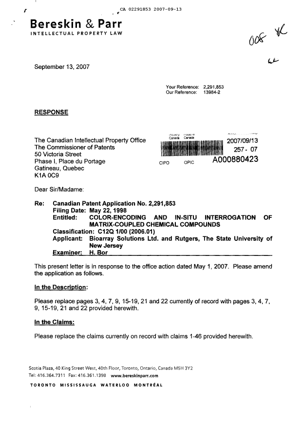Canadian Patent Document 2291853. Prosecution-Amendment 20070913. Image 1 of 24