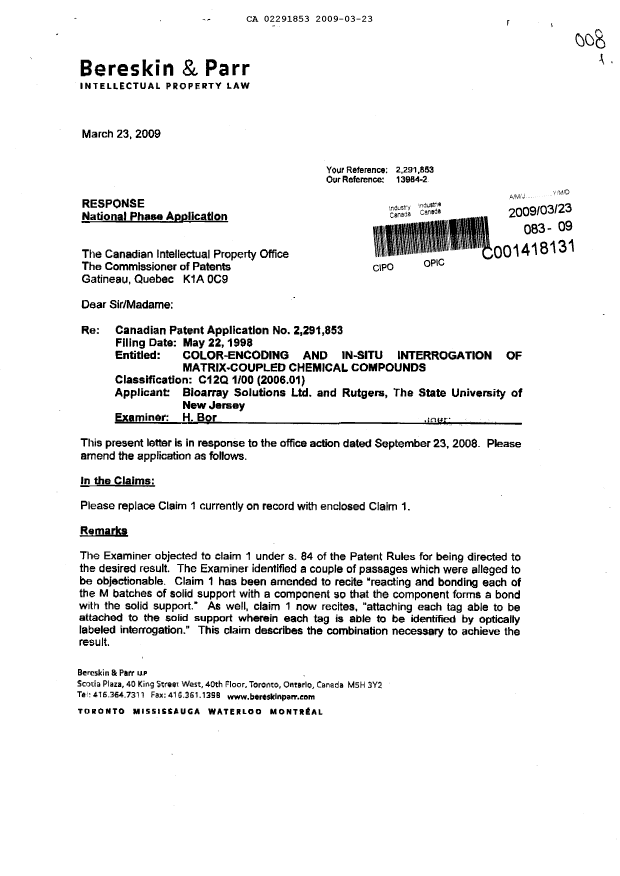 Canadian Patent Document 2291853. Prosecution-Amendment 20090323. Image 1 of 4