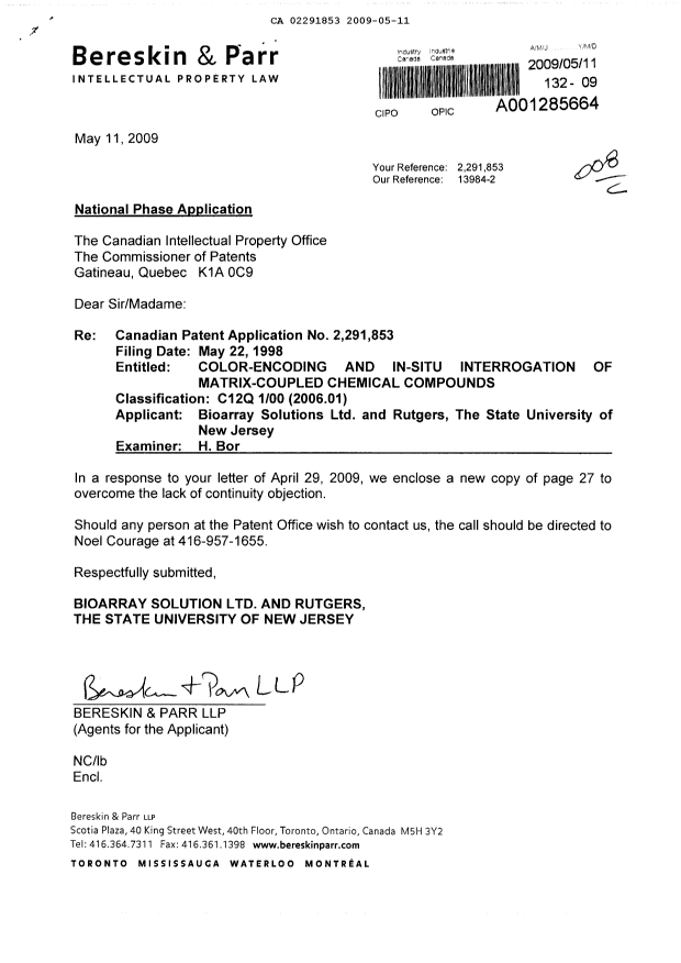 Canadian Patent Document 2291853. Prosecution-Amendment 20090511. Image 1 of 2
