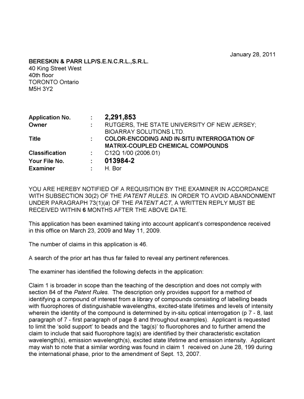 Canadian Patent Document 2291853. Prosecution-Amendment 20110128. Image 1 of 2