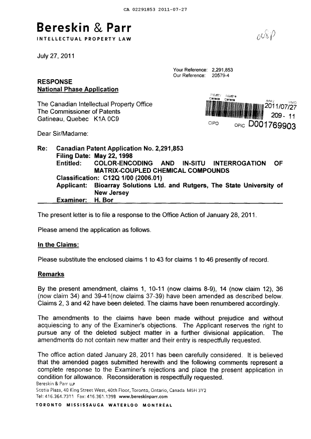 Canadian Patent Document 2291853. Prosecution-Amendment 20110727. Image 1 of 11