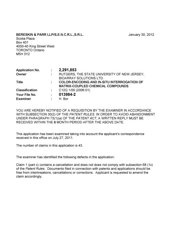 Canadian Patent Document 2291853. Prosecution-Amendment 20120130. Image 1 of 2