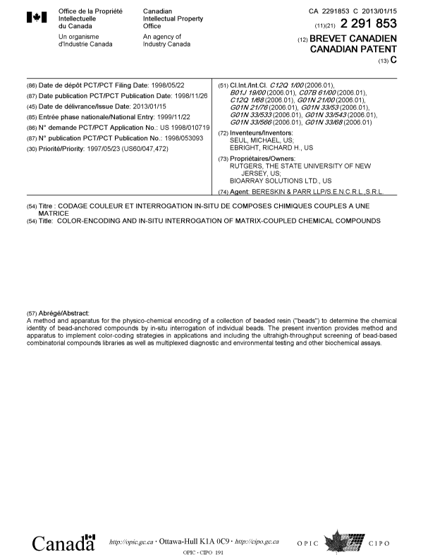 Canadian Patent Document 2291853. Cover Page 20121228. Image 1 of 1