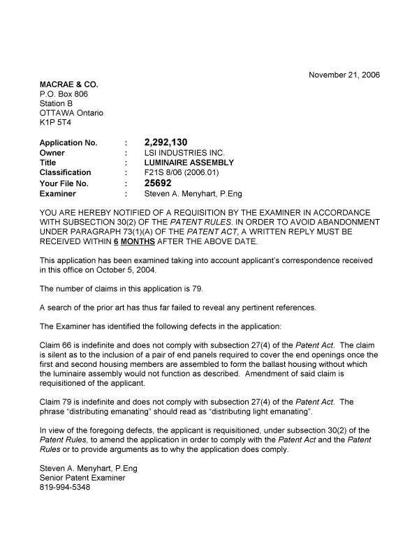 Canadian Patent Document 2292130. Prosecution-Amendment 20061121. Image 1 of 1