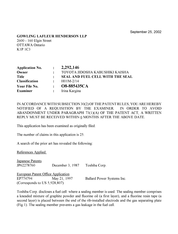 Canadian Patent Document 2292146. Prosecution-Amendment 20011225. Image 1 of 2