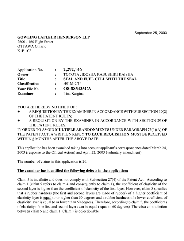 Canadian Patent Document 2292146. Prosecution-Amendment 20021225. Image 1 of 2