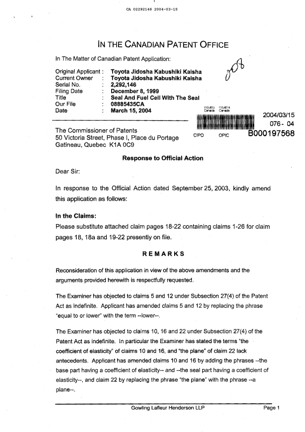 Document de brevet canadien 2292146. Poursuite-Amendment 20031215. Image 1 de 7