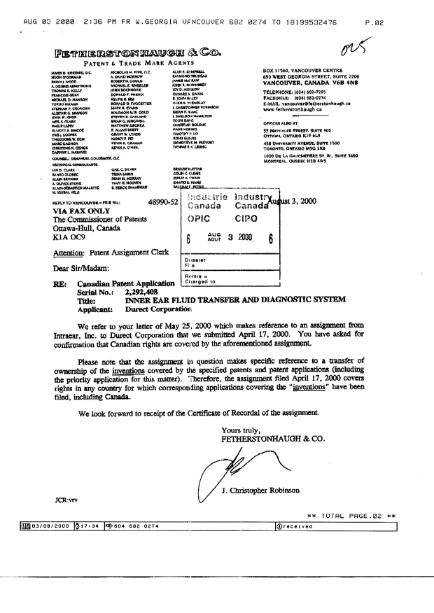 Canadian Patent Document 2292408. Assignment 20000803. Image 1 of 2
