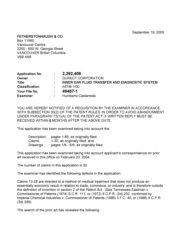 Canadian Patent Document 2292408. Prosecution-Amendment 20050919. Image 1 of 2