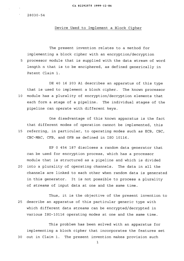 Canadian Patent Document 2292575. Description 19991206. Image 1 of 18