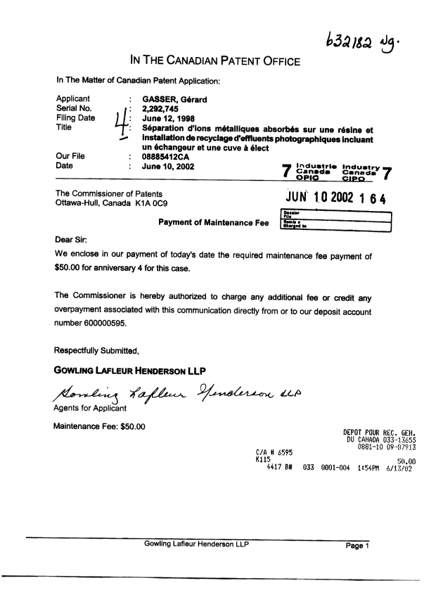 Canadian Patent Document 2292745. Fees 20020610. Image 1 of 1