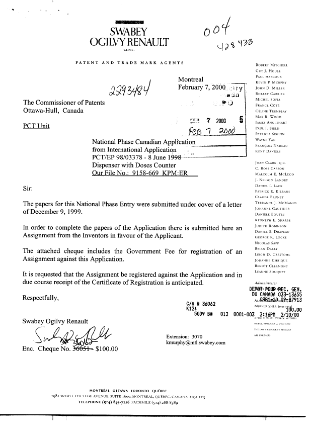 Document de brevet canadien 2293484. Cession 20000207. Image 1 de 3
