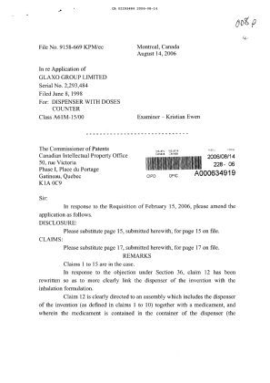 Canadian Patent Document 2293484. Prosecution-Amendment 20060814. Image 1 of 4