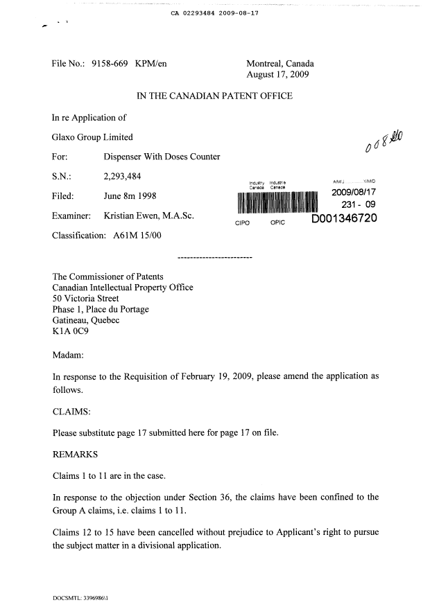 Document de brevet canadien 2293484. Poursuite-Amendment 20090817. Image 1 de 3
