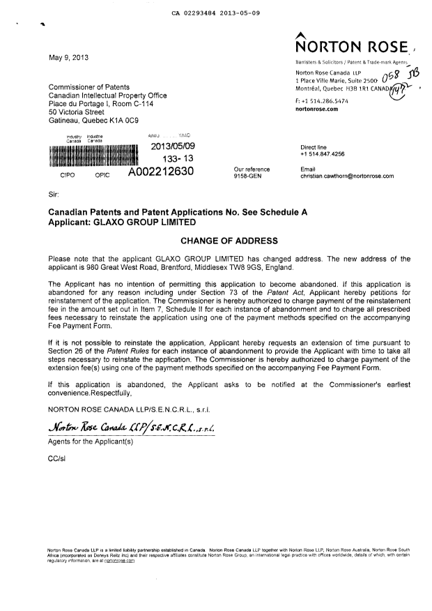 Canadian Patent Document 2293484. Assignment 20130509. Image 1 of 10