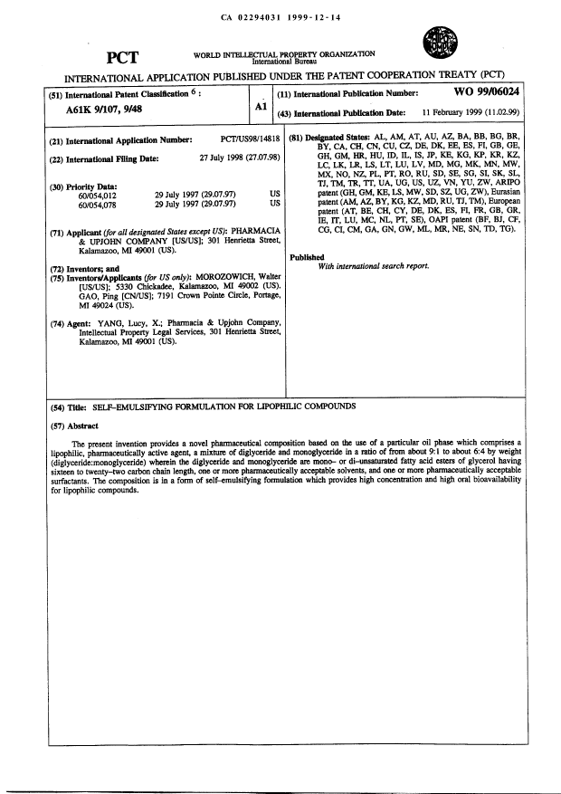 Canadian Patent Document 2294031. Abstract 19981214. Image 1 of 1