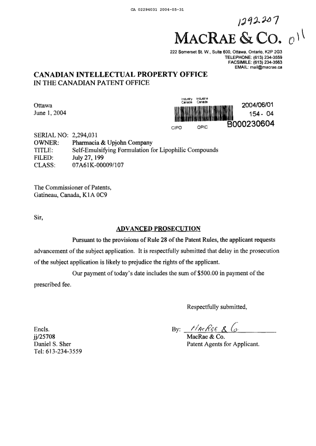 Canadian Patent Document 2294031. Prosecution-Amendment 20031201. Image 1 of 1