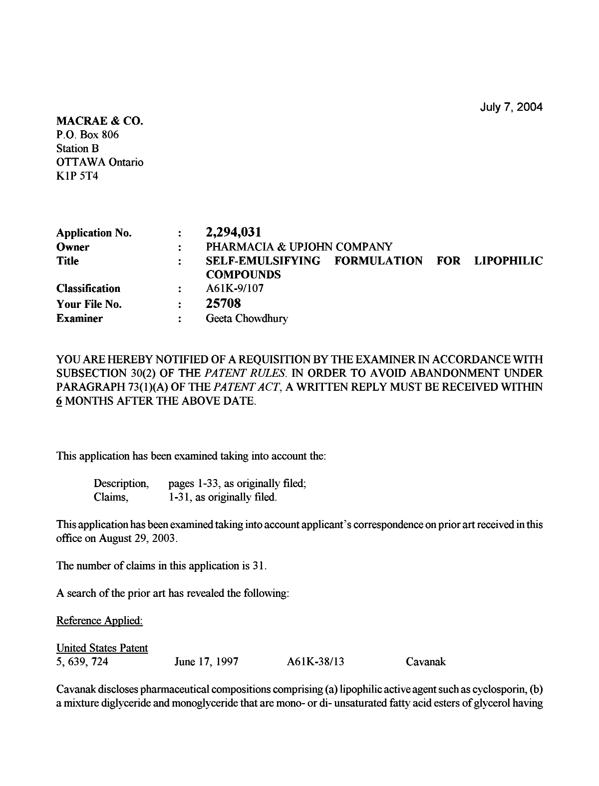 Canadian Patent Document 2294031. Prosecution-Amendment 20031207. Image 1 of 2