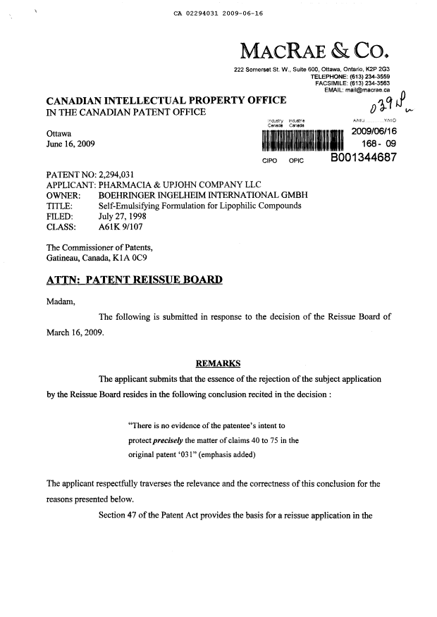 Document de brevet canadien 2294031. Poursuite-Amendment 20090616. Image 1 de 8