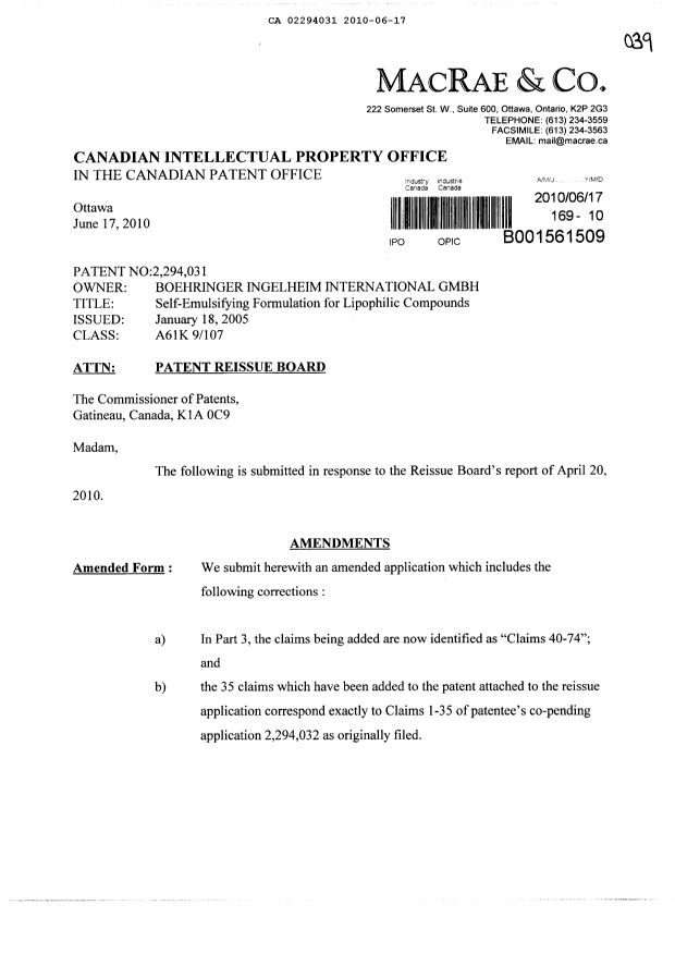 Canadian Patent Document 2294031. Prosecution-Amendment 20091217. Image 1 of 50