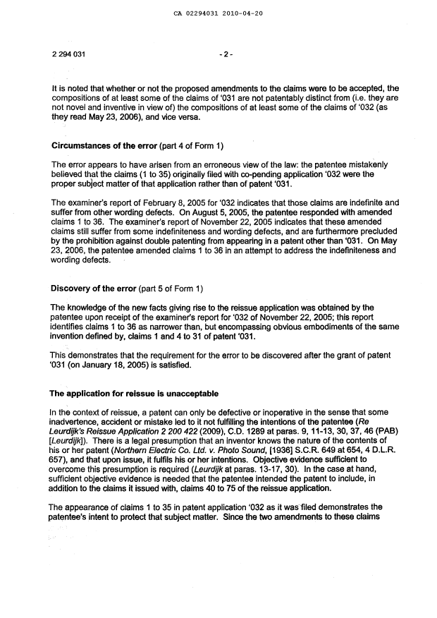 Canadian Patent Document 2294031. Prosecution-Amendment 20091220. Image 2 of 4