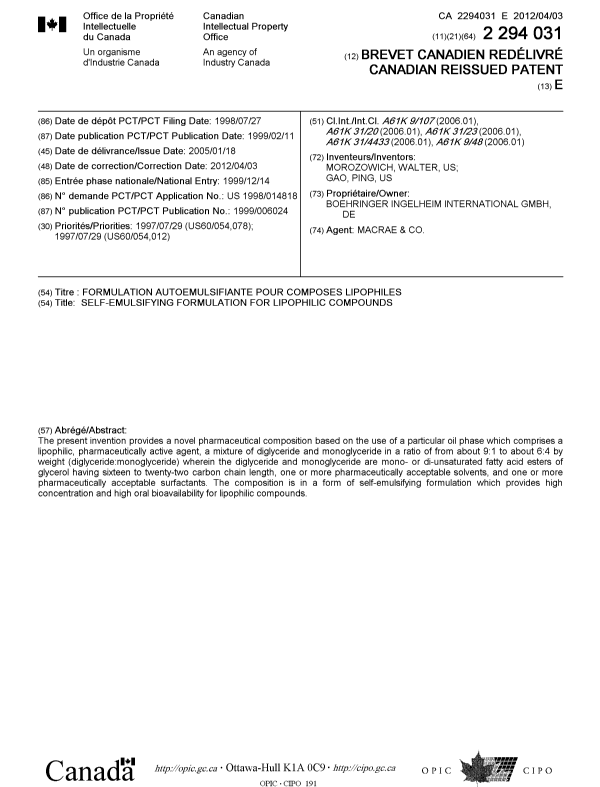 Canadian Patent Document 2294031. Cover Page 20111205. Image 1 of 1