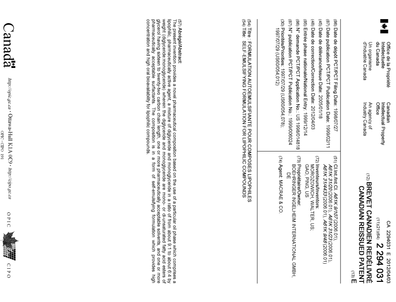Canadian Patent Document 2294031. Cover Page 20111205. Image 1 of 1
