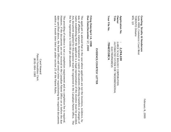 Canadian Patent Document 2294100. Correspondence 20000201. Image 1 of 1