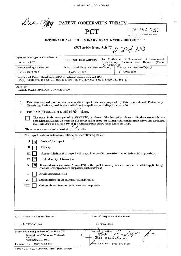 Document de brevet canadien 2294100. PCT 20010814. Image 1 de 5