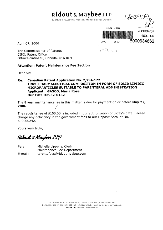 Canadian Patent Document 2294172. Fees 20060407. Image 1 of 1