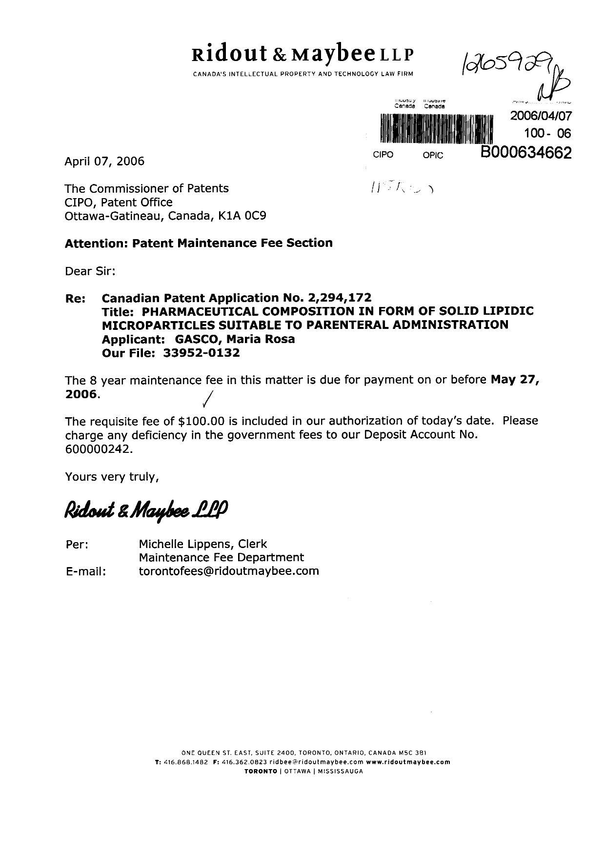 Canadian Patent Document 2294172. Fees 20060407. Image 1 of 1