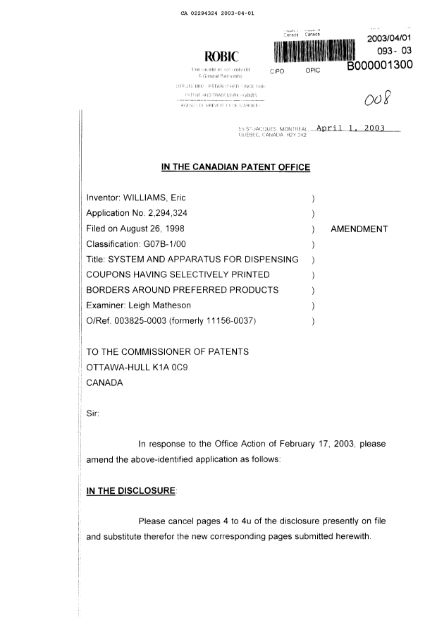 Canadian Patent Document 2294324. Prosecution-Amendment 20030401. Image 1 of 45