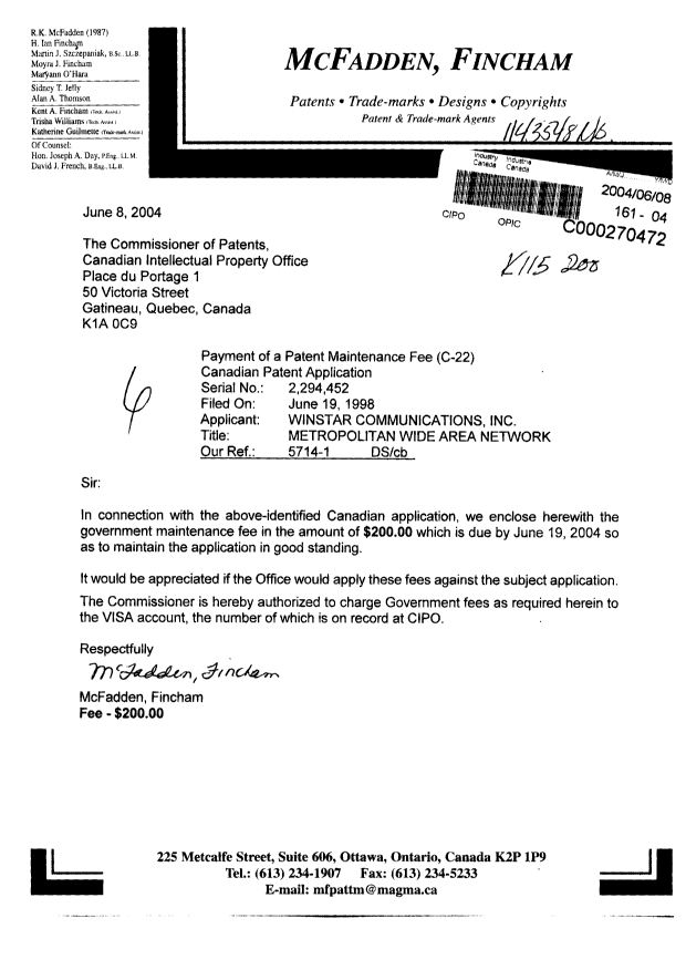 Document de brevet canadien 2294452. Taxes 20040608. Image 1 de 1