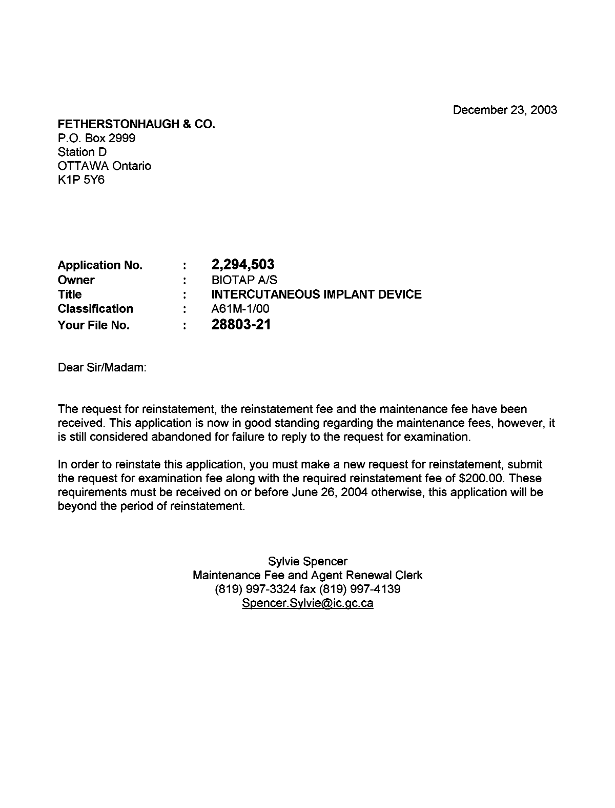 Document de brevet canadien 2294503. Correspondance 20021223. Image 1 de 1