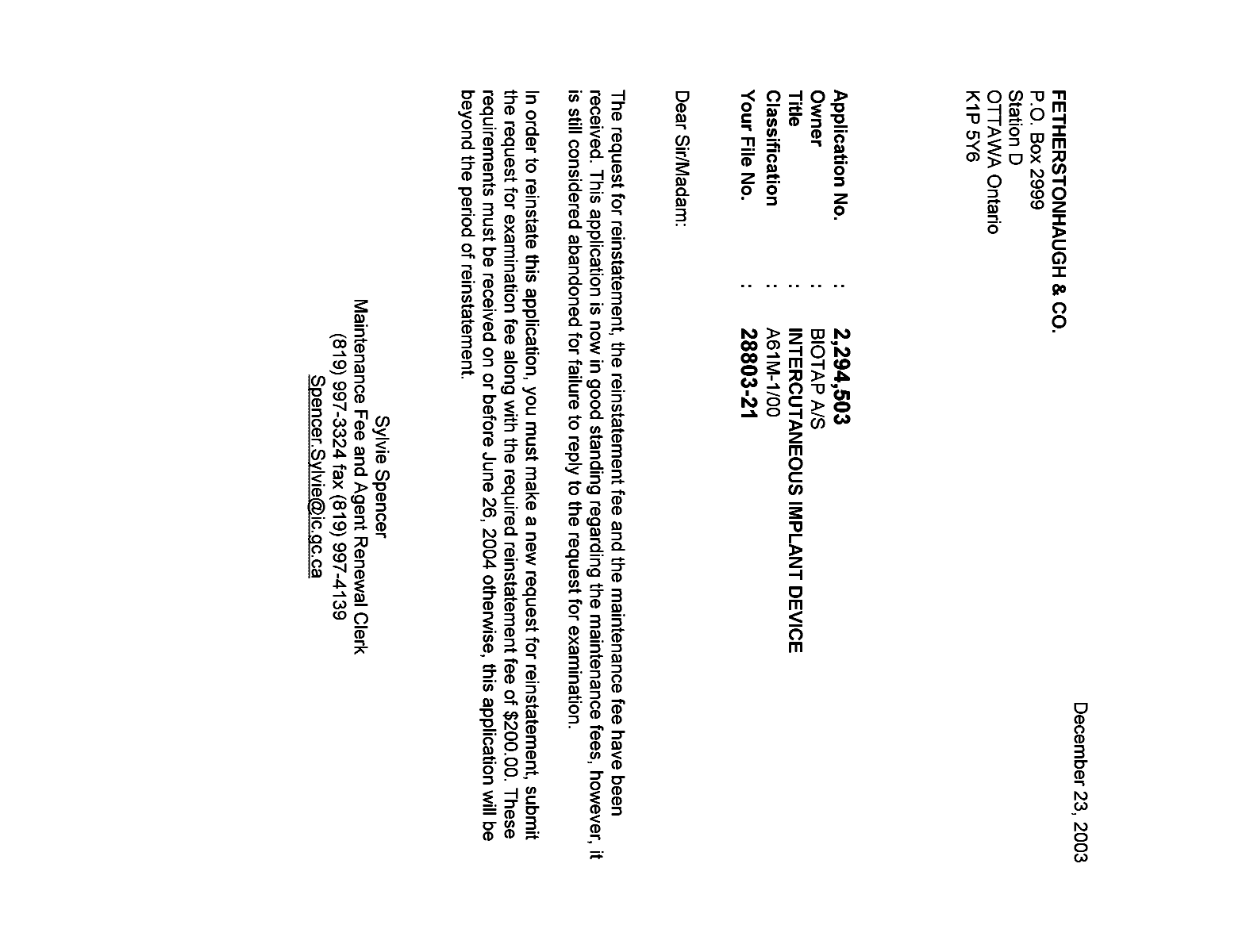 Canadian Patent Document 2294503. Correspondence 20021223. Image 1 of 1