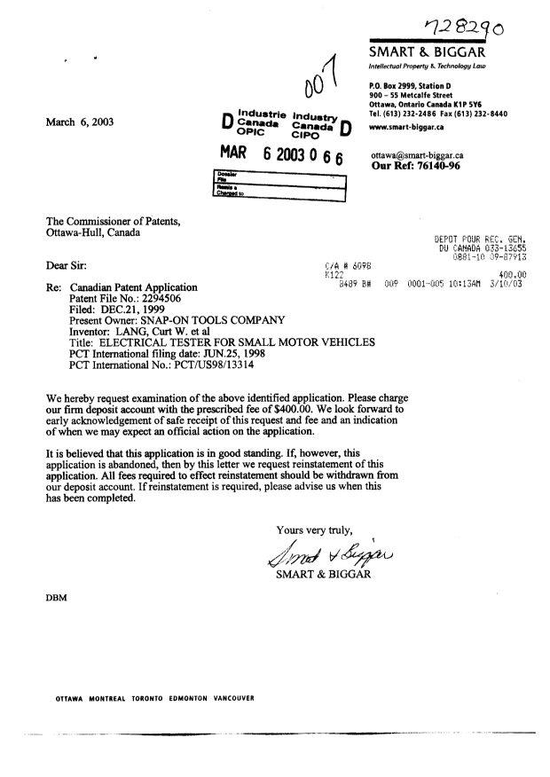 Canadian Patent Document 2294506. Prosecution-Amendment 20030306. Image 1 of 1